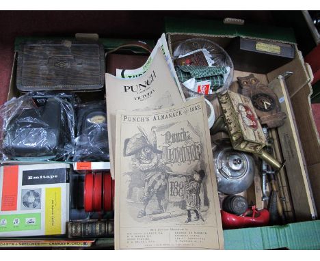 Polaroid and Pentax Cameras, books, magazines, cutlery, tins, wall clock, excelsior spring scale, chromonica etc,:- Two Boxes