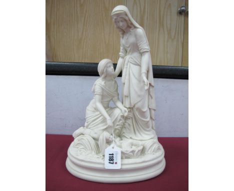 A Mid XIX Century Parian Figure Group 'Finding Moses', the Pharoah's daughter resting one hand on the shoulder of her handmai
