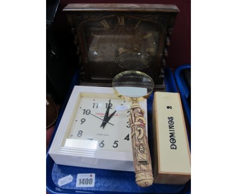 Smiths Oak Mantle Clock, London Clock wall clock, magnifier, dominoes.