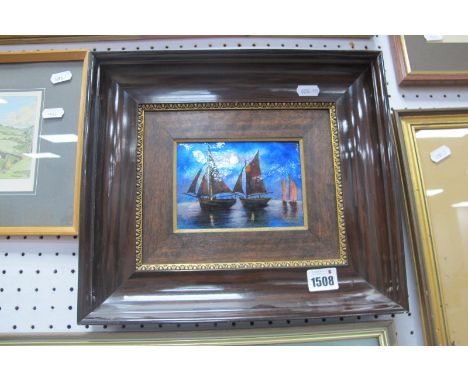 R. Sarlandie, Limoges Enamelled Plaque, featuring fishing boats in tranquil waters, 9.5 x 13.5cm.