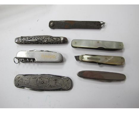 Pocket Knives, unamed four blade knife plus three others, two mother of pearl scaled multi blade knives (damages):- Rolls Roy