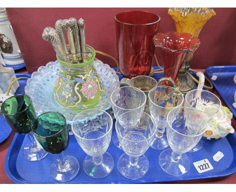 Cranberry Glass Epergne and Vase, overlaid green glass vase, basket weave plates, lamp, wines, etc:- One Tray.