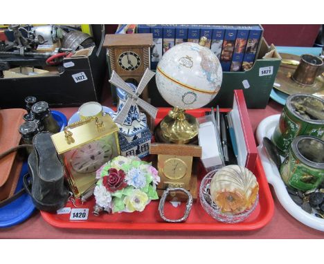 A Table Top Globe, quartz mantel clock, Kinglsey pen, Citzen watch, etc:- One Tray.