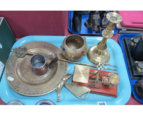 Postal Scales with Brass Weights, brass candlestick, toasting fork, jardiniere with cabachon stones, mug, etc.