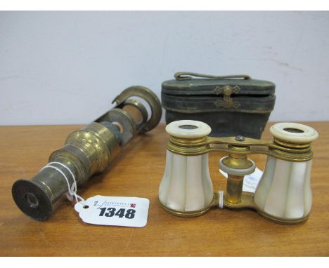 Early XX Century Mother of Pearl Opera Glasses, cased, brass microscope. (2).