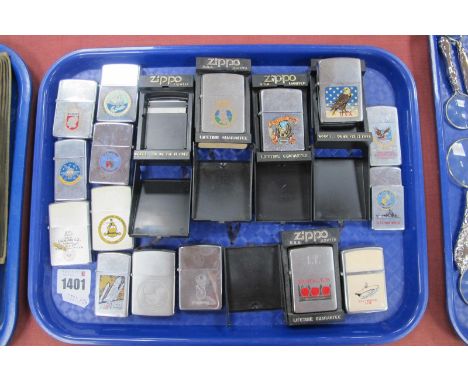 Zippo Lighters American Themes, to include Harley Davidson, KSC Florida, U.S.S Forrestal, U.S.S Luce, U.S.S Dwightt. D. Eisen