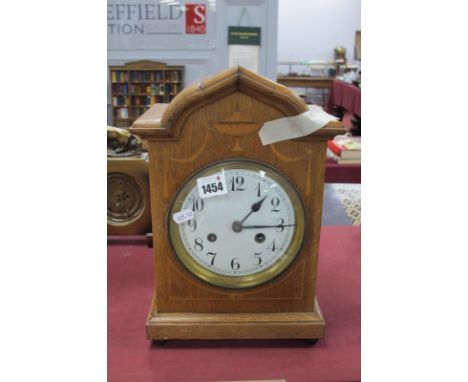 An Edwardian Inlaid Oak Cased Mantle Clock with Junghans eight day movement, 34cm high.