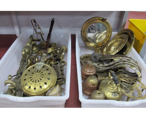 Brassware: to include porthole style mirror, kettle, ploughing figures, scales, tram, horse brasses:- Two Boxes