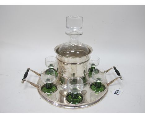 Romney Plate Drinks Set, featuring golfing decanter, six tots on twin handed stand, 35cm at widest point.