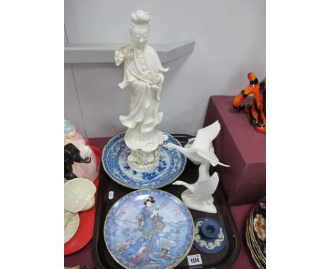 Five Royal Doulton Plates, Chinese blue and white plate, Chinese porcelain figure, Kaiser porcelain figure group of two swans