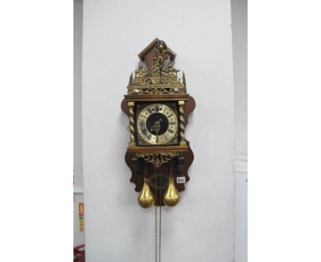 Dutch Wall Clock, with twin pear weights, 63.5cm high.