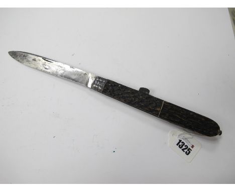 Victorian Lock Knife, one blade, awl, tweezers and two spikes, steel bolsters, stag scales 33cm open.