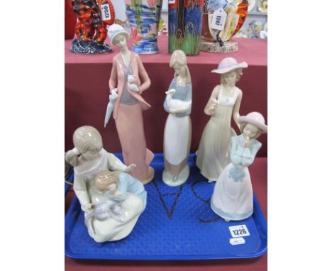 Lladro Figure of Young Girls with Kitten, four Nao figures. (5)