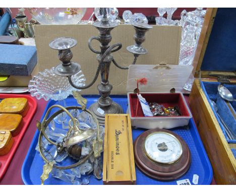 Ceiling Light, plated candelabra, barometer, dominoes, etc:- One Tray.