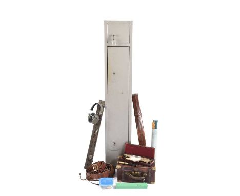 A good lot of shooting equipment, including: a leather covered and brass bound shotgun cartridge magazine, partitioned interi