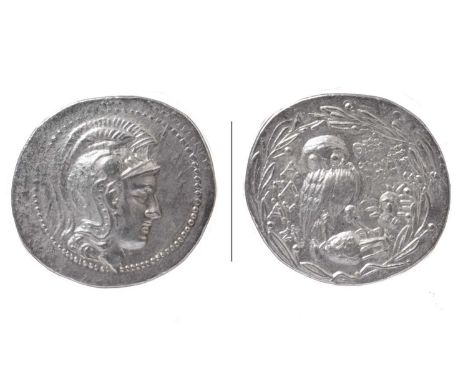 Athens: silver tetradrachm (196-87 BC), helmeted head of Athena right, rev. an owl standing on an amphora, head of helios, go