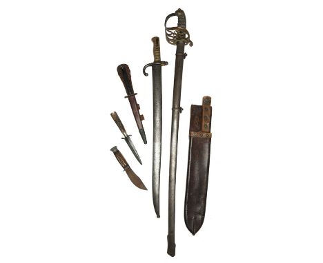 A small collection of European edged weapons, comprising: a British 1854 pattern infantry officer's sword, etched blade with 