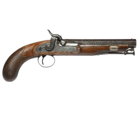 An English 16 bore percussion holster pistol, octagonal twist barrel 7.75 in., with acanthus engraving at the breech and 'LON
