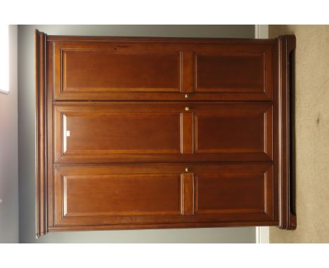 Cherry wood tripe wardrobe, interior fitted with drawers, shelf and hanging rail, W157cm, H198cm, D65cm   Condition Report   