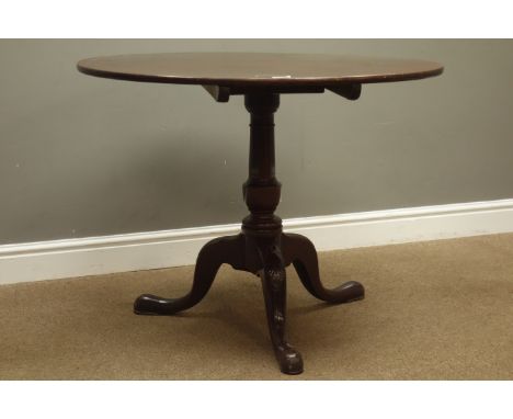 Georgian mahogany tripod table, circular tilt top, turned column with three splay legs, carved with foliage, D92cm, H70cm   C