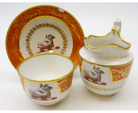 Flight & Barr Worcester crested cup & saucer and milk jug c1792-1804, decorated with the crest of a boar's head on a red and 