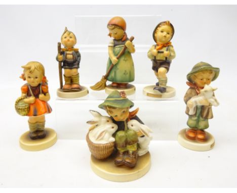 Six Goebel Hummel figures; 'Playmates', 'Little Hiker', 'Lost Sheep', 'School Girl', 'School Boy' and one other (6)   Conditi