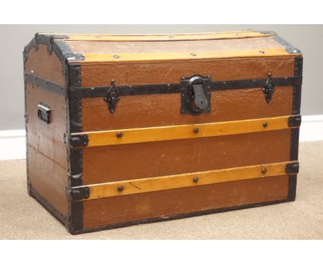 Vintage wooden bound dome top travel trunk, W78cm   Condition Report   Click here for further images, condition, auction time