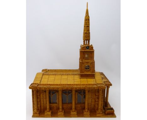 20th century match stick model of a cathedral, Roman style rectangular building with triangular pediment, surrounded by colum