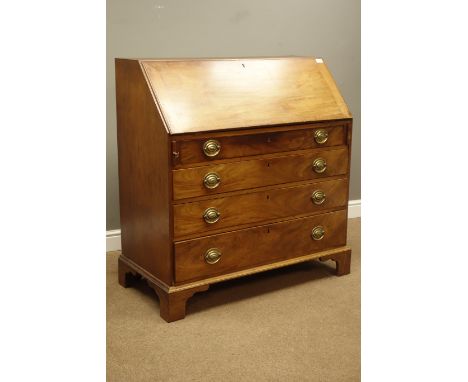 George III mahogany bureau, fall front with fitted interior, four graduating figured drawers, bracket feet, W106cm, H111cm, D