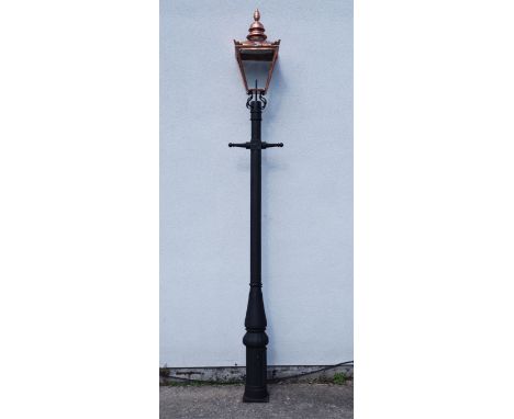 Victorian style cast iron street lamp post with copper and glass lantern top, H336cm