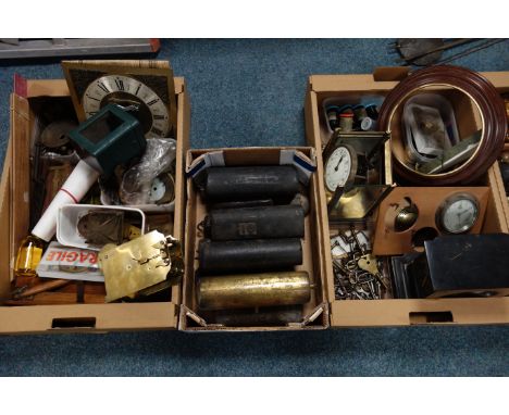 Collection of clock parts and tools including; approx 40 finials, single fusee movement, clock makers tools, pendulums, two w