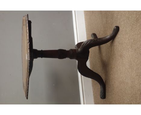 Victorian oak tripod top, carved hexagonal tilt top, turned column with three splayed supports, D72cm, H68cm   Condition Repo