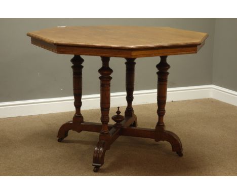 Arts & Crafts period octagonal dining table on four turned pillar supports (D122cm, H73cm), and set four oak dining chairs ca