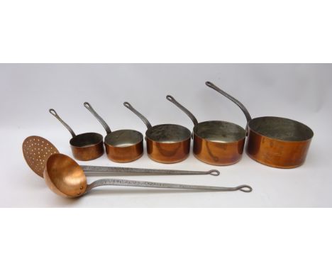 Set of five graduating copper pans, D18cm maximum and two matching skimming ladle and ladle (7)   Condition Report   Click he