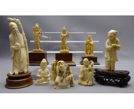 Eight late 19th/early 20th century carved ivory figures & one bone deity with coloured incensed decoration, Chinese sage on p