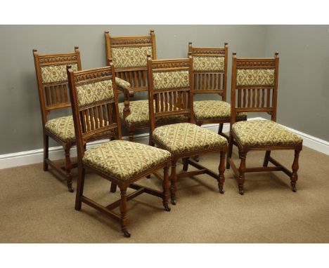 Set six (5+1) Edwardian oak dining chairs, arcade carved cresting rail above shaped uprights, upholstered seats and backs, tu