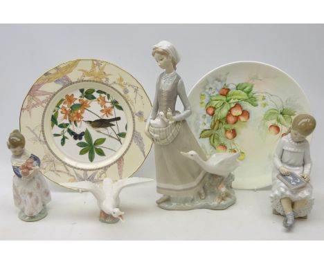 Three Lladro models 'Girl with Goose, H32cm, 'Valencia Girl With Fruit' & a goose, Nao figure 'Writing on Chalkboard', Royal 