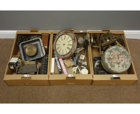 Collection of clock parts and movements including; postman's alarm clock movement, various longcase clock movement parts, Vie