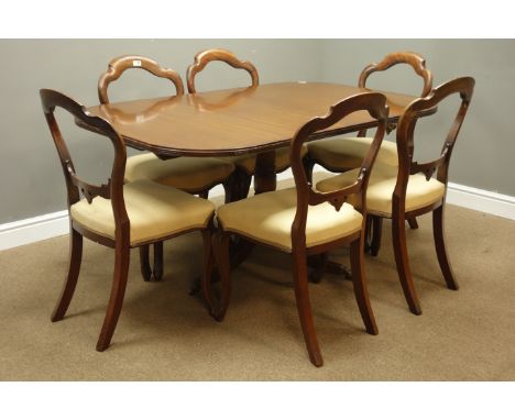 Set six Victorian mahogany shaped back dining chairs with upholstered seats on cabriole supports and a reproduction mahogany 