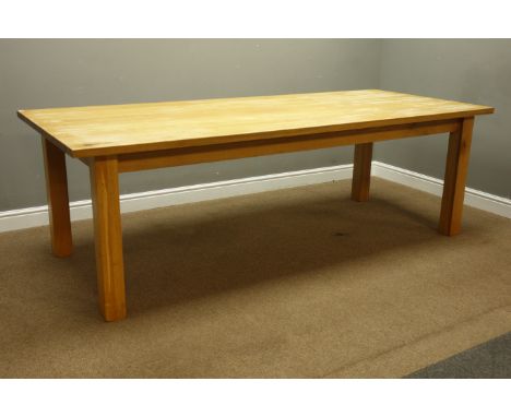 Rectangular light oak dining table on square supports, 240cm x 101cm, H78cm   Condition Report   Click here for further image