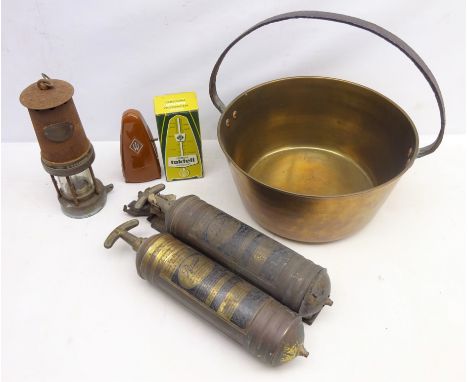 Two Pyrene Fire Extinguishers, brass jam pan, GPO miners lamp, & a German Wittner Taktell metronome with original box   Condi