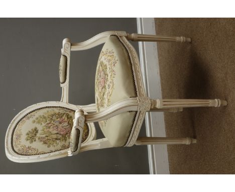 French style ivory finish armchair with cameo back, upholstered in tapestry fabric   Condition Report   Click here for furthe