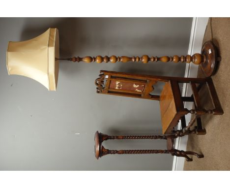 19th century oak chair, pierced cresting rail above upholstered back (H102cm), mahogany circular plant stand and a turned bee