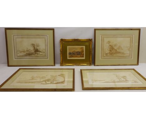 Shepherd and Sheep in Rural Landscape, 19th century watercolour signed with monogram G F R?, Figures in a Landscape, two etch