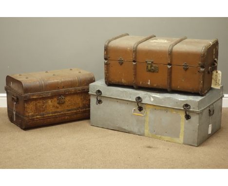 Vintage wooden bound travelling trunk, early 20th century tin trunk and a galvanised metal trunk   Condition Report   Click h