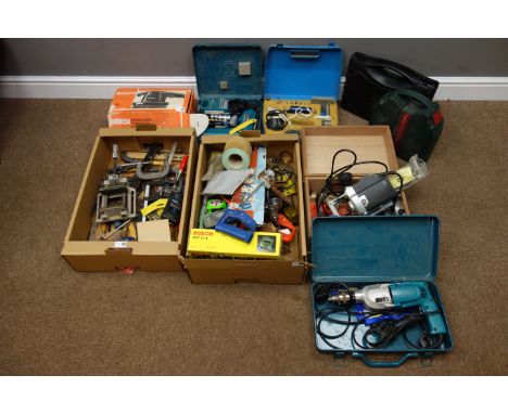 Makita hammer drill, BOSCH sander, Makita drill, ELU router in box, BOSCH jigsaw, various woodworking tools etc...   Conditio