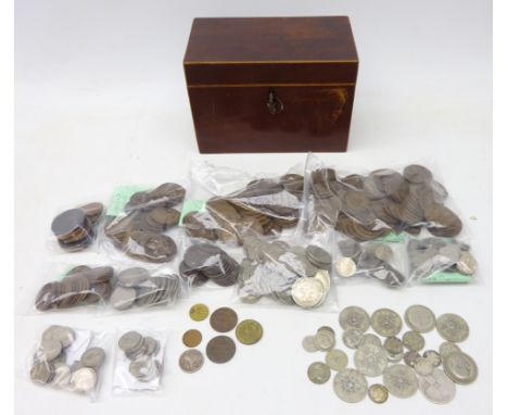 Collection of mostly Great British coins and an early 19th century mahogany tea caddy including; over 100 grams of pre 1947 B