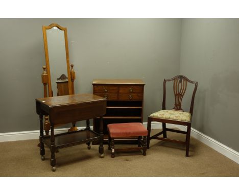 Early 20th century mahogany bookcase, four drawers above two adjustable shelves (W70cm, H83cm, D39cm), an oak drop leaf troll