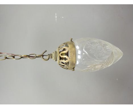 Edwardian tear drop shaped cut glass pendant light fitting with pierced brass mount, H28cm, gilt metal and frosted glass cent