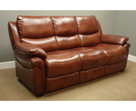 Three seat sofa (W195), and matching electric reclining armchair with USB (W100cm), upholstered in brown leather, 12 months o